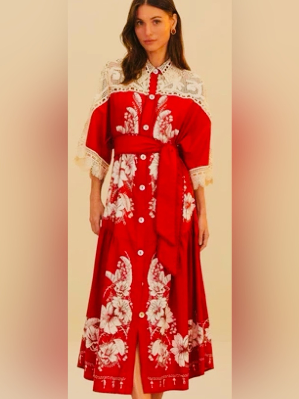 Farm Rio Red Floral Button-Front Maxi Dress with Lace Trim - Size XL - RARE